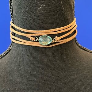Handmade Boho Chic Suede Wraparound Choker with Faceted Aquamarine Crystal